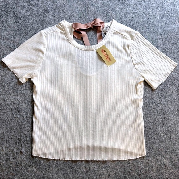 American Rag Cream Ribbed Knit Top Women's M Back Bow Tie Short Sleeve Y2K Cute - Picture 1 of 9